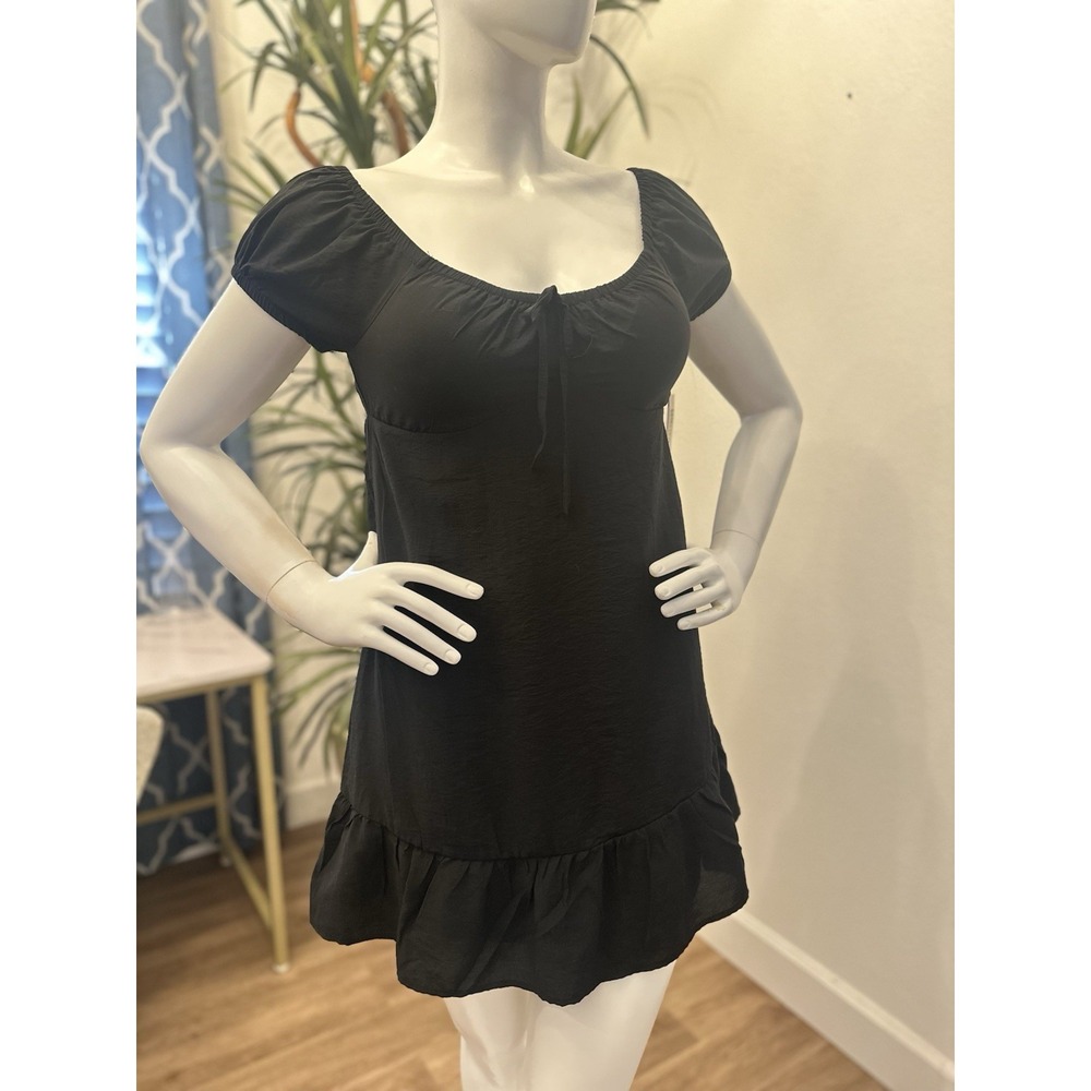 No‎ Boundaries Mini Dress Prairie Peasant Women Sz XS/S Tiered Puff Sleeve Black